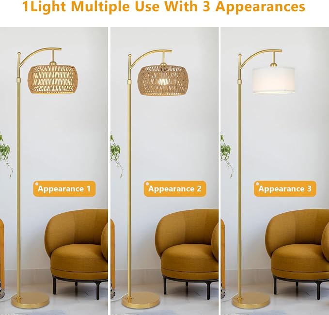 eyassi Arc Floor Lamp with 3 Color Temperatures, LED Gold Floor Lamp with Remote & Stepless Dimmable Bulb, Boho Standing Lamp with Rattan & Fabric Shades, Farmhouse Tall Lamp for Living Room Bedroom