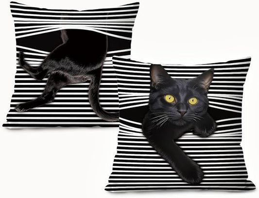 Funny Moody Black Cat Pillow Covers Covers18x18 - Set of 2, Cat Room Decor, Whimsical Kitten Striped Decorative Throw Pillow Covers Pillowcases for Bedroom Living Room Home Decor