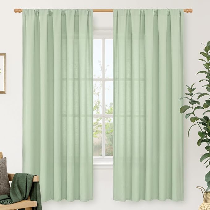 72 inches Long Light Green Linen Curtains for Living Room 2 Panels | Light Filtering, Soft, Linen Textured, Neutral, Window Treatment, Drapes for Farmhouse, Bedroom, Rod Pocket, 52 x 72 Inch