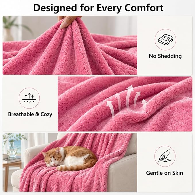 Hoomly Dusty Rose Throw Blanket 60x80 Cozy Fleece for Sofa and Bedroom | Velvety Flannel Feel, Single Layer 3D Jacquard, Couch Bed Office Car Travel, Romantic Decor, Low Shed, Machine Washable