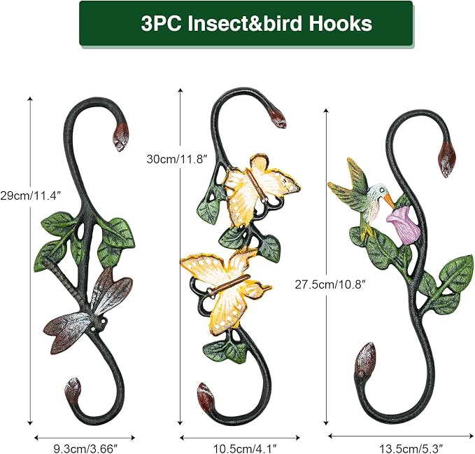 Sungmor Cast Iron Garden Hook Set, 3PCS 11 Inches S-Shaped Hook