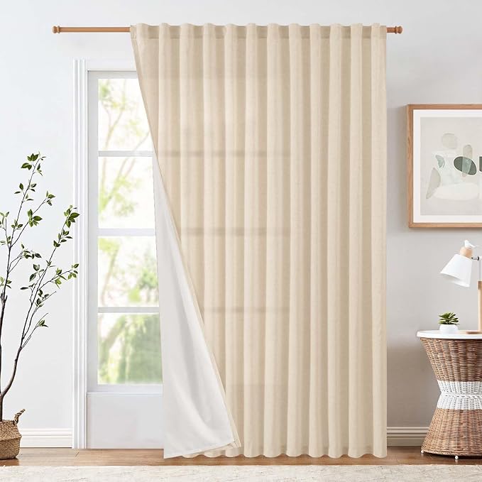jinchan Lined Linen Curtains Extra Wide Back Tab 100x84 Inch 1 Panel Beige | Light Filtering Curtains with White Privacy Liner, Cottage Core Farmhouse Curtains for Living Room, Rod Pocket 84 Inch Length