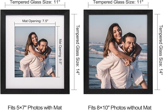 11x14 Picture Frame-Black,8x10 Mat,Tempered Glass,Engineered Wood