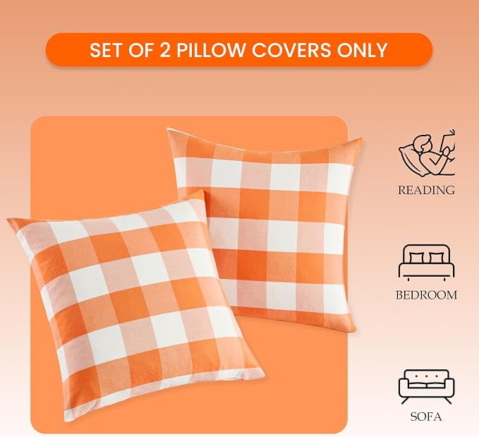 Burnt Orange Fall Buffalo Check Checkered Pillow Covers 18x18 Set of 2 | Cojines De Otoño Para Sala, Thanksgiving Autumn Pillow Covers 18 x 18, Aesthetic Fall Room Decor, Fall Front Porch Pillows