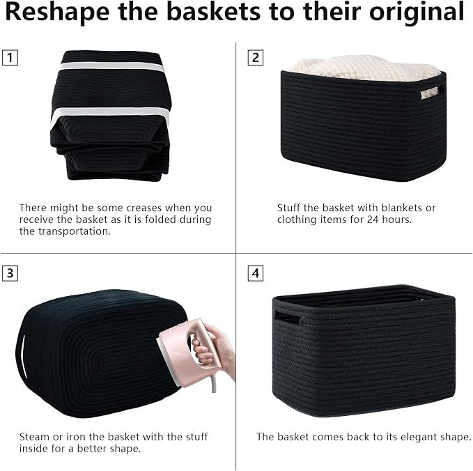 OIAHOMY 4 Pack Storage Baskets for Organizing 24L Cube Storage Bins Black | Woven Baskets for Storage Rectangle Small Baskets With Handles Baskets for Shelves Wicker Baskets for Shelves 16x12x8inch