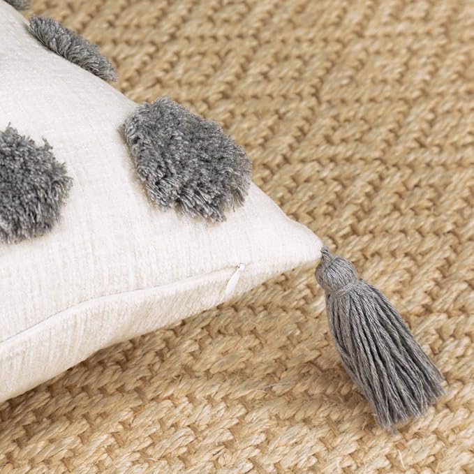 PLWORLD Boho Gray Pillow Cover 20x20, Tufted Chenille Cushion Case with Pom Poms & Tassels, 1PC Cover Only, No Insert