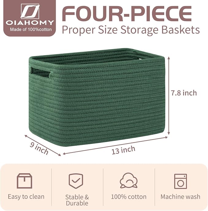 OIAHOMY 4 Pack Storage Baskets for Organizing 15L Cube Storage Bins Green | Woven Baskets for Storage Rectangle Small Baskets With Handles Baskets for Shelves Wicker Baskets for Shelves 12.7x9x7.8inch