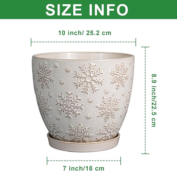 MPotTo Ceramic Planter, 10 Inch Plant Pot, Snowflakes White