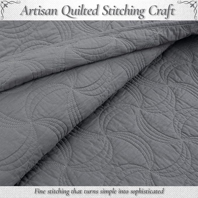 Cozy Line Home Fashions Charcoal Gray Cotton Quilt Set – 3-Piece Solid Textured Quilted Bedspread with Shams, Lightweight All Season Modern Bedding (Geometric - Gray, King - 3 piece)