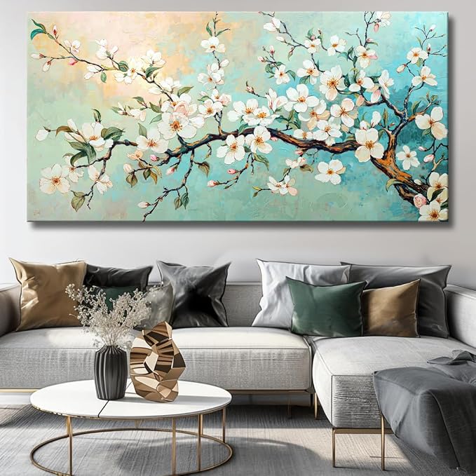 Large White Prunus mume Flower Wall Art Elegant Flower Framed Floral Canvas Print for Living Room, Bedroom, Dining Room, Home Office Modern Ready to Hang Home Decor - 30"x60"