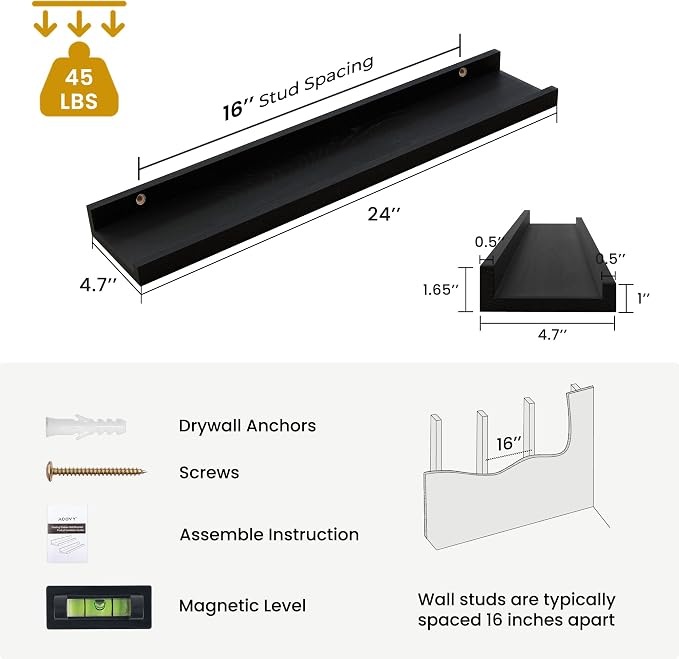 Acovy Solid Ash Wood Picture Ledge Shelf, 24 Inch, Black, Set of 2