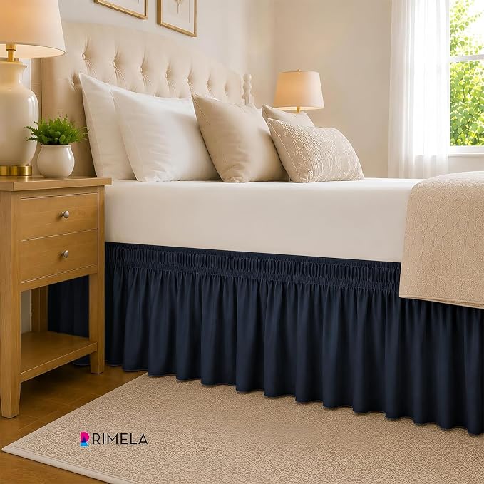Navy Blue Bed Skirt Queen Size 15" Drop, Elastic Wrap Around Bedskirt | Solid Ruffled, Easy to Use, No Mattress Lifting, Wrinkle & Fade Resistant, with Adhesive Strips, Machine Wash/Dry/Iron