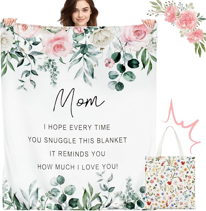 Mocsicka Mom Blanket Ultra Soft Sherpa Fleece Throw (50x60 Inch) | Cozy Lightweight Luxury Throw for Women from Daughter Son, Floral Tote Bag Gift Set