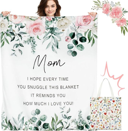 Mocsicka Mom Blanket Ultra Soft Sherpa Fleece Throw (50x60 Inch) | Cozy Lightweight Luxury Throw for Women from Daughter Son, Floral Tote Bag Gift Set