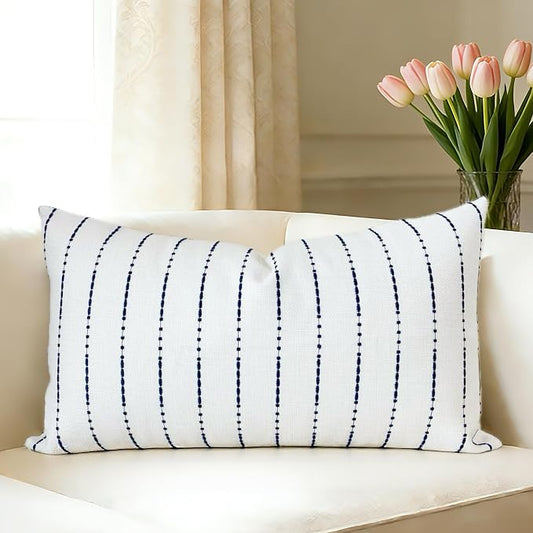 Slow Cow Linen Embroidery Decorative Lumbar Throw Pillow Cover Rectangular Pillowcase Cushion Cover for Bed Couch Sofa 12 x 20 Inches Navy Blue