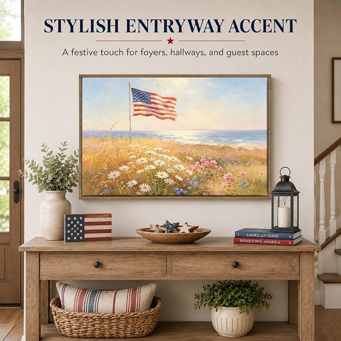 American Flag Framed Canvas Wall Art, 4th of July Floral Canvas Prints | Wildflower Landscape Poster Print, Vintage Rustic Independence Day Wall Decor for Bedroom Living Room Office 24×32in