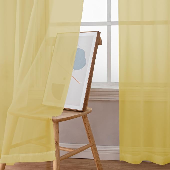 Simplebrand Yellow Tier Curtains for Kitchen 24 Inches Long 2 Panel Set, Rod Pocket Cafe Curtain Light Filtering Sheer Short Curtains for Bathroom/Basement Half Window 42 x 24 Inch, 2Pcs