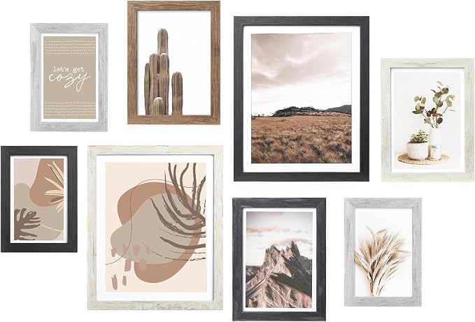 Gallery Wall Frame Set, 8 Pack Neutral Wall Decor, Multi-Color | Farmhouse Collage Picture Frames Wall Art for Living Room, Entryway, Stairway, Bedroom, Assorted Size