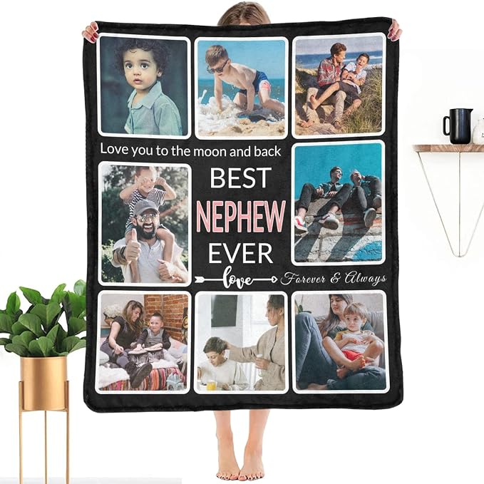 Gift for Nephew Customized Blanket with Photo, Make a Personalized Blankets with Picture Custom Memories Souvenir Sublimation Throw Blanket for Best Nephew Ever, 8 Collage Made in USA