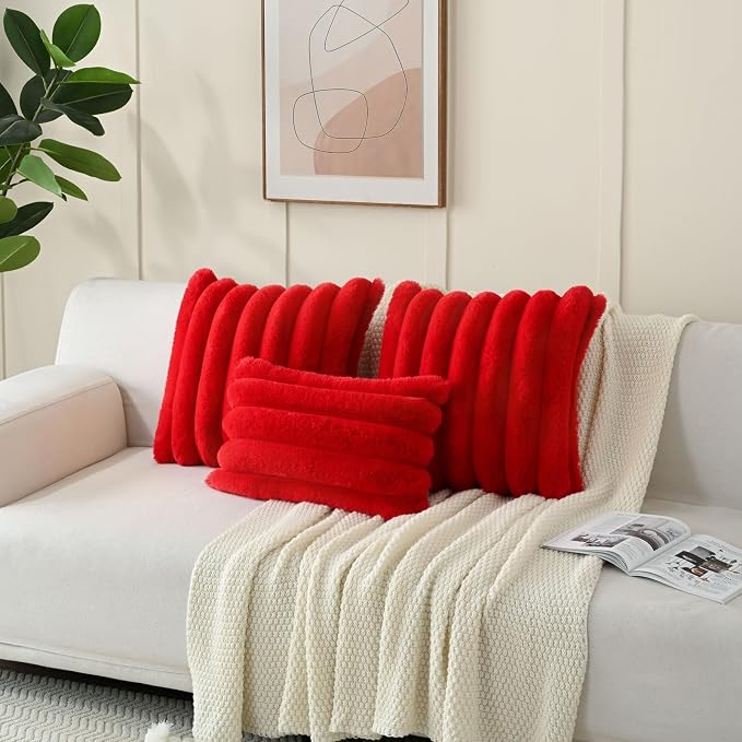 HAUSSY 2 Pack Lumbar Pillow Covers 12x20 Inch, Faux Fur Decorative Couch Throw Pillows Soft Striped Plush Cushion Covers Home Decor Cute Furry Pillowcase for Living Room Sofa Bed, Red (Covers Only)
