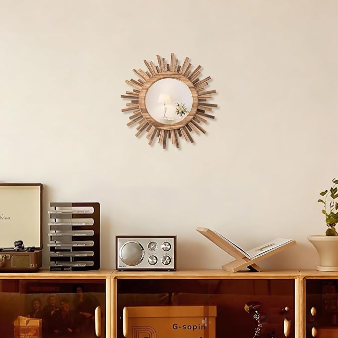 12 Inch Boho Sunburst Mirror, Round Wooden Wall Decor Starburst Sun Mirror for Bedroom, Living Room, Bathroom, Hallway, Balcony, Farmhouse Entryway, Housewarming Gift（Rustic Brown