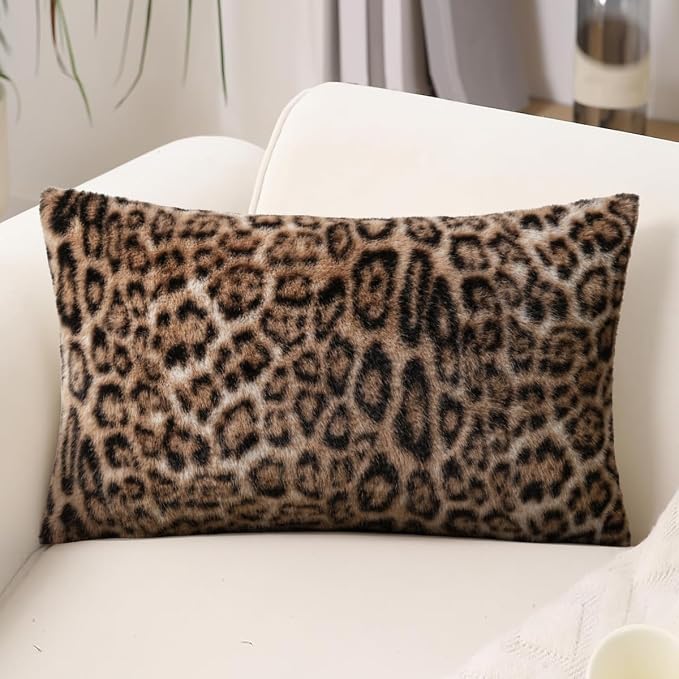 cygnus Faux Fur Cheetah Print Lumbar Throw Pillow Covers 12X20 inch | Set of 2 Leopard Couch Pillowcase ,Fluffy Fuzzy Decorative Square Throw Pillows, for Couch Sofa Living Room Bedroom Decor
