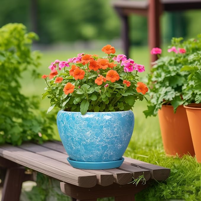 Indoor Plant Pots 10 Inch, Ceramic Planter, Bubble Blue | Decorative Round Planter with Drainage Hole and Saucer, Flower Pots Indoor, Apartment Decor, House Warming Gift