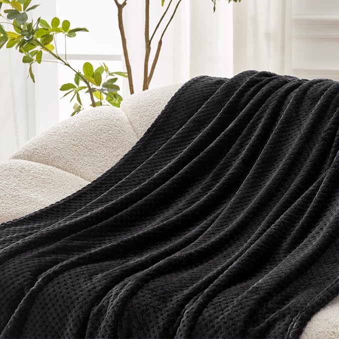 Exclusivo Mezcla Soft Waffle Fleece Bed Blanket Queen Size, Black | Lightweight Plush Blanket for Bed, Bedroom, Cozy Flannel with Waffle Texture, Stylish Home Decor, All Season, 90x90 Inches