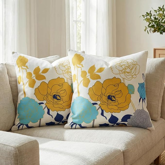 Blue Yellow Floral Pillow Covers 26x26 Set of 2 Thick Cotton Linen | Durable Thick Cotton Linen Material, Soft Breathable Floral Decor, Suitable For Spring Summer Couch Bed & Outdoor Patio Porch