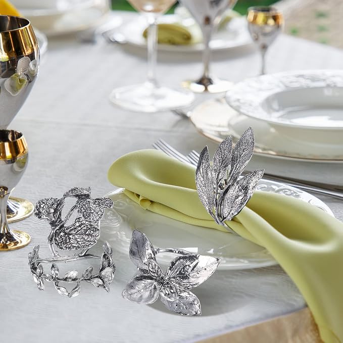 Cunhill 8 Pieces Herb Napkin Rings Set Vintage Leaf Napkin Holders Rings Glossy Holder Adornment Metal Table for Graduation Holidays Wedding Graduation Party Decor Everyday Use(Silver)