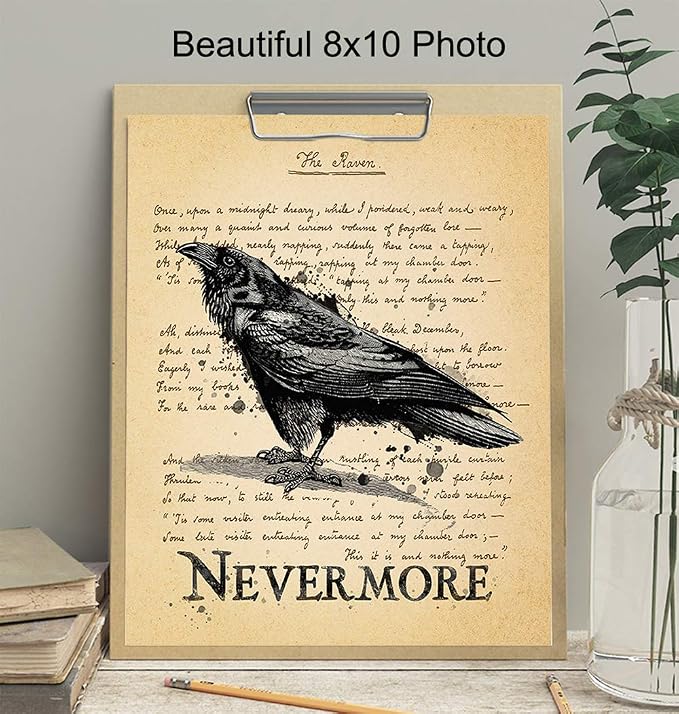 The Raven - Nevermore - Edgar Allan Poe Gifts - Goth Room Decor - Gothic Home Decor - Creepy Poetry Poem Wall Art - Vintage Rustic Decoration - 8x10 Retro Poster Print