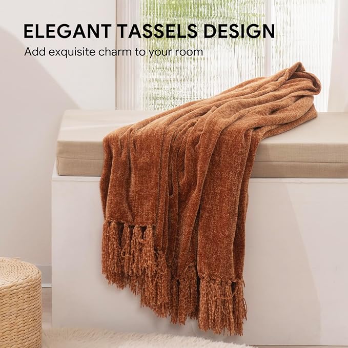 RECYCO Chenille Throw Blanket for Couch, 60"x80", Rust | Super Soft Knit Throw Blanket with Fringe Tassels, Lightweight Knitted Throw, Cozy, Ideal for Sofa Chair Bed Living Room Gift