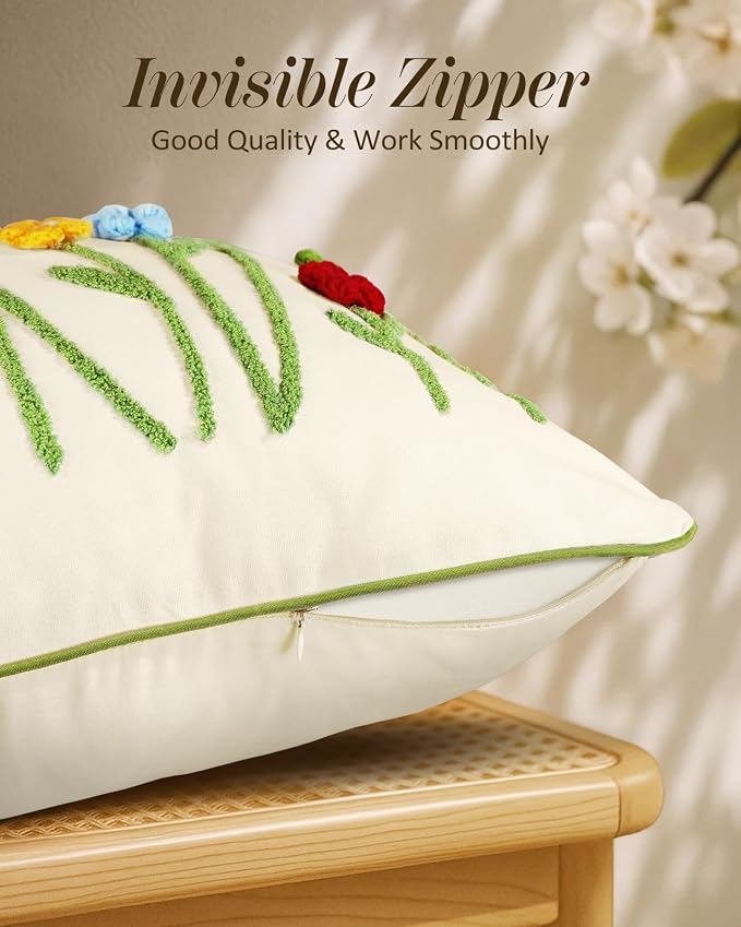 Throw Pillow Covers 18x18 - Tufted Decorative Pillow Cover with Zipper for Couch Sofa Bed Living Room Aesthetic Cute Soft Spring Summer Farmhouse Indoor Pillowcase, Colorful Floral