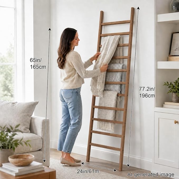 FUIN Blanket Ladder, 24 in Wide 11-Rung Solid Wood Rustic Decor Rack, Brown | 11 rungs and 24in wide, Solid wood visible grain, Angled lean-to design, Anti-slip support, Living room and bathroom use