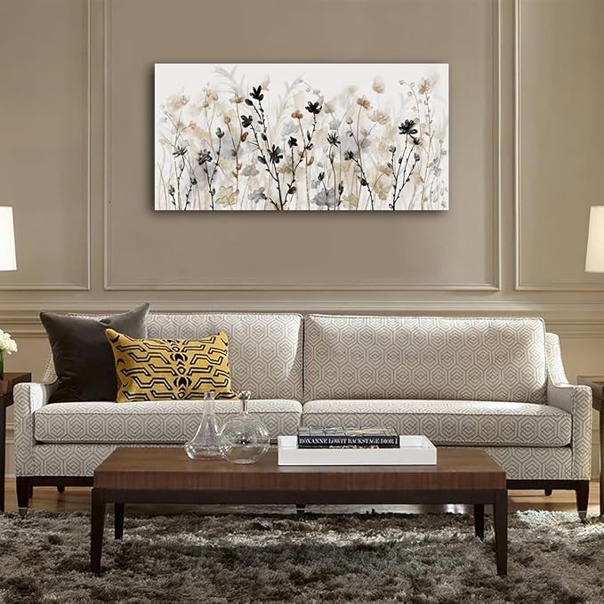 Large Framed Floral Wall Art Flowers Canvas Pictures Grey Cream Brown Abstract Botanical Canvas Painting Artwork Simple Life Wall Decor for Living Room Bedroom Kitchen Home Office Decoration 29"x 58"