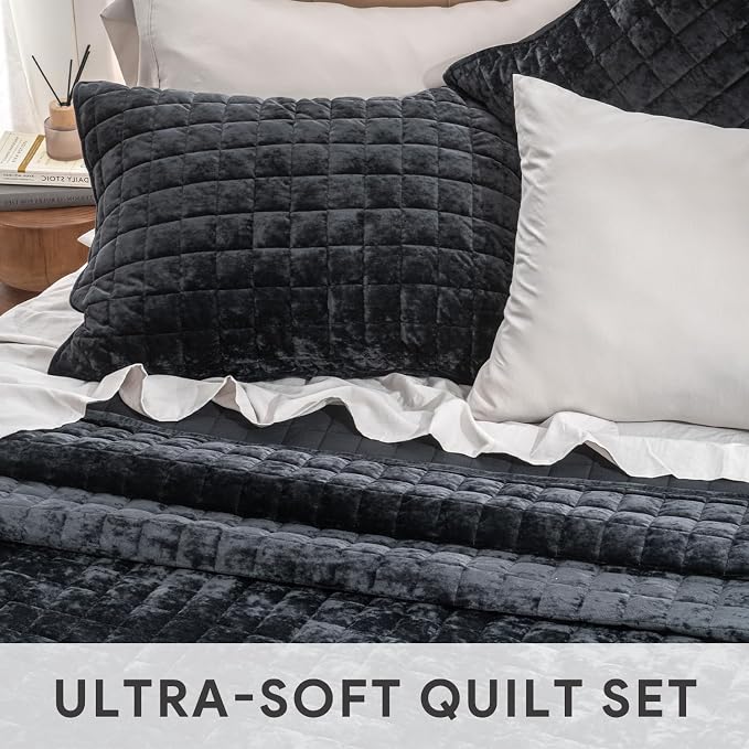 RECYCO Channel Box Stitch Velvet Quilt Set, King Size, Black | Ultra Soft Lightweight Velvet Comforter, Luxury Oversized Bedspread Coverlet, Quilted Bedding Set for All Season with 2 Shams