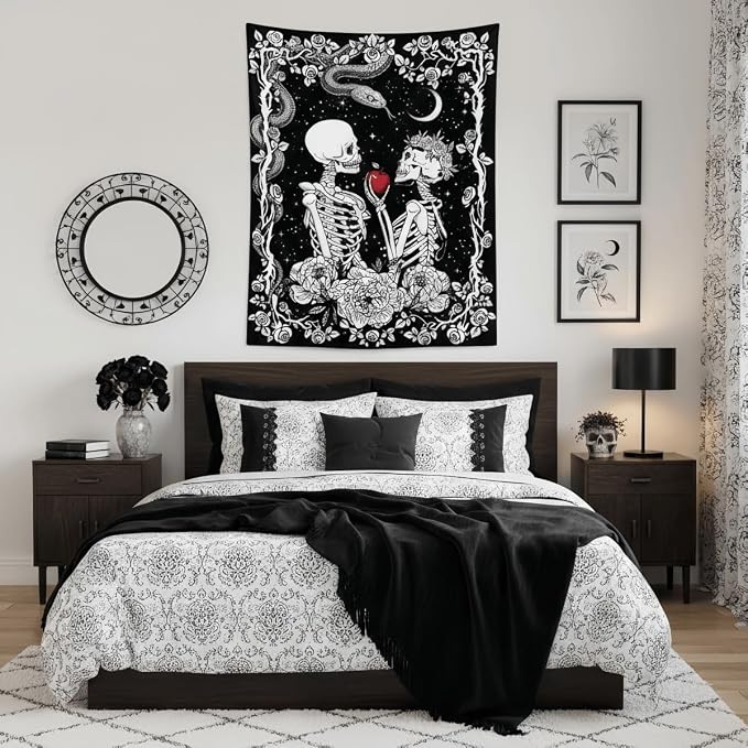 Accnicc Skeleton Lovers Tapestry Gothic Skull Vertical Tapestries Wall Hanging Black and White Floral Plant Snake Horror Small Tapestry for Bedroom Living Room Dorm 48 x 36 inch