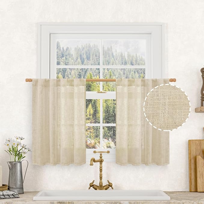 Small Cafe Linen Curtains 36 Inches Long, Semi Sheer Panels | Light Filtering Panels, Cafe Drapes for Basement, Window, Loft Room, Rod Pocket Back Tab, Linen, 2 Panels, 34 x 36 Inch