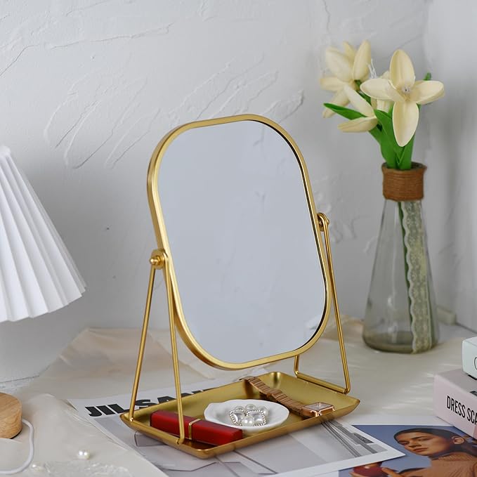 Tstarer 360 Degrees Rotating Metal Makeup Mirror with Storage (Gold) | Vanity Mirror for Desk, Bathroom, Bedroom, Dressing Table