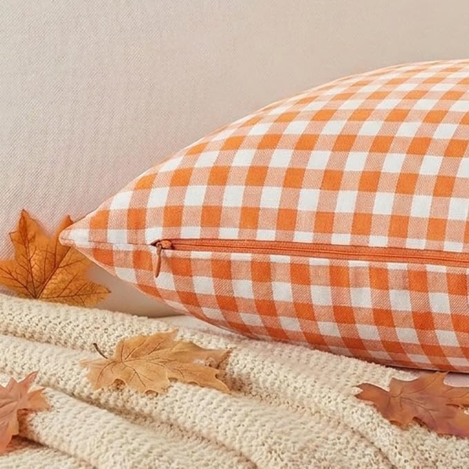 Burnt Orange Fall Gingham Plaid Pillow Covers 18x18 for Outdoor Porch Patio | Set of 2, Thanksgiving Autumn Pillow Cover 18 x 18, Farmhouse Pillow Covers, Aesthetic Fall Decor, Fall Front Porch Decor