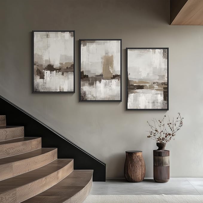 Large Framed Neutral Abstract Wall Art for Living Room, Set of 3 24x36 In | Tan beige brown pictures, Canvas prints, Wood frame, Modern minimalist paintings, Artwork, Wall decor for hallway bedroom