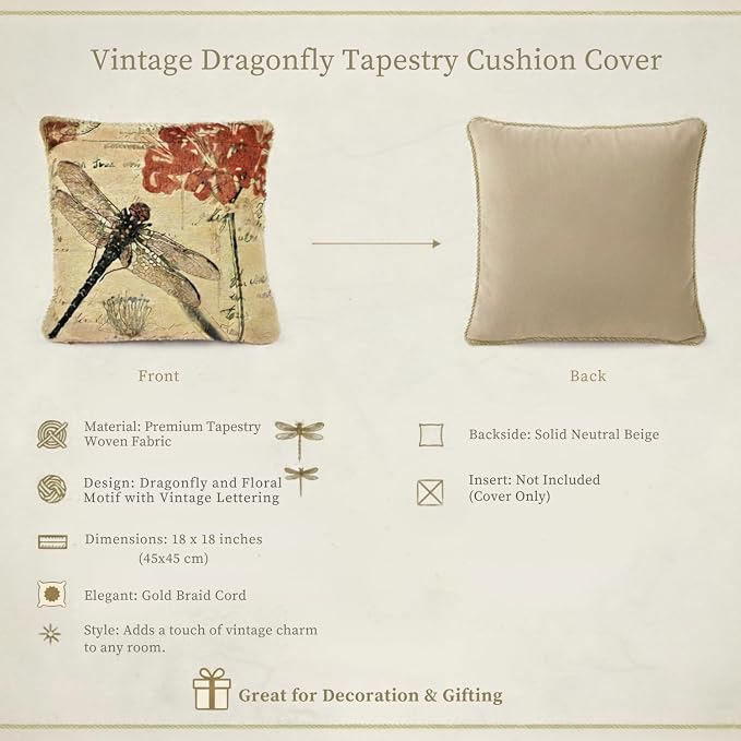 Tache 1 Piece 18 x 18 inch Square Exotic European Vintage Fly High Dragonfly Decorative Cushion Pillow Throw Cover