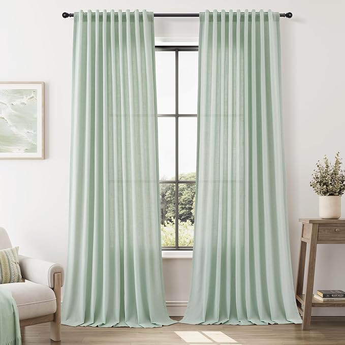 Extra Long Linen Curtains 120 Inches for Living Room Back Tab Semi Sheer High Floor to Ceiling 10ft Light Filtering Curtain Boho Farmhouse Decor Window Drapes for Bedroom 2 Panels Aqua Green