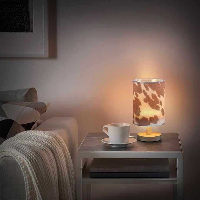 Bedside Table Lamp White Brown Cow Print Nightstand Lamp with Wood Animal Skin Desk Lamps for Bedroom Living Room Nursery Office Home Decor