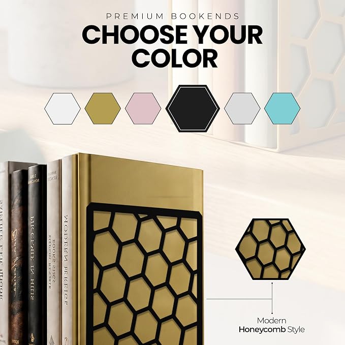 GEOMOD Premium Geometric Black Honeycomb Bookends for Shelves, Metal Book Ends Office, L-Shaped Stopper, Rustproof Decorative Unique Home, 6.25 (L) x 6 (W) inches, 2 Pairs - Geomod, (Pair of 2)