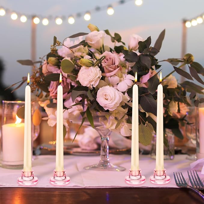 6 PCS Glass Taper Candle Holders Bulk Pink Candlestick Holders Clear Short Tapered Candle Stick Holder Decor Set for Table Centerpiece Wedding Party Advent Christmas Home Decorations