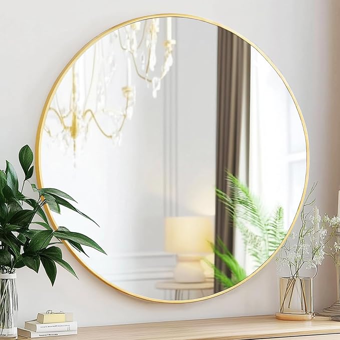 Round Mirror 22 inch, Gold Bathroom Mirror, Brushed Metal Frame | Brushed Metal Frame, High Definition Mirror, Waterproof, Suitable for Bedroom, Bathroom, Entryway, Living Room, Vanity