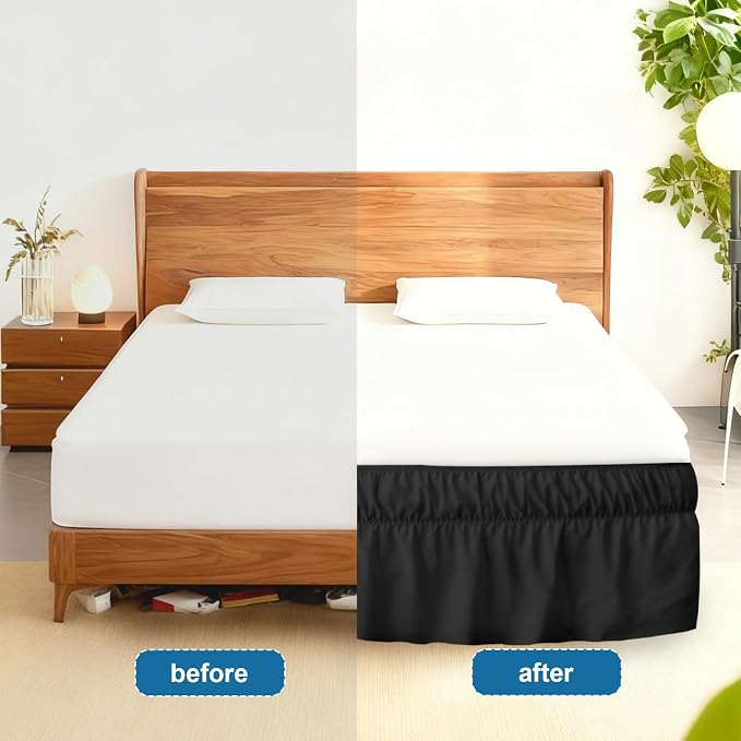 Full Bed Skirt with Elastic Strap, Ruffle Full Size Bed Skirt with 16" Drop | Wrap Around Dust Ruffle Easy to Install on Bed Bases & Frames, Wrinkle-free, Machine Washable, Black
