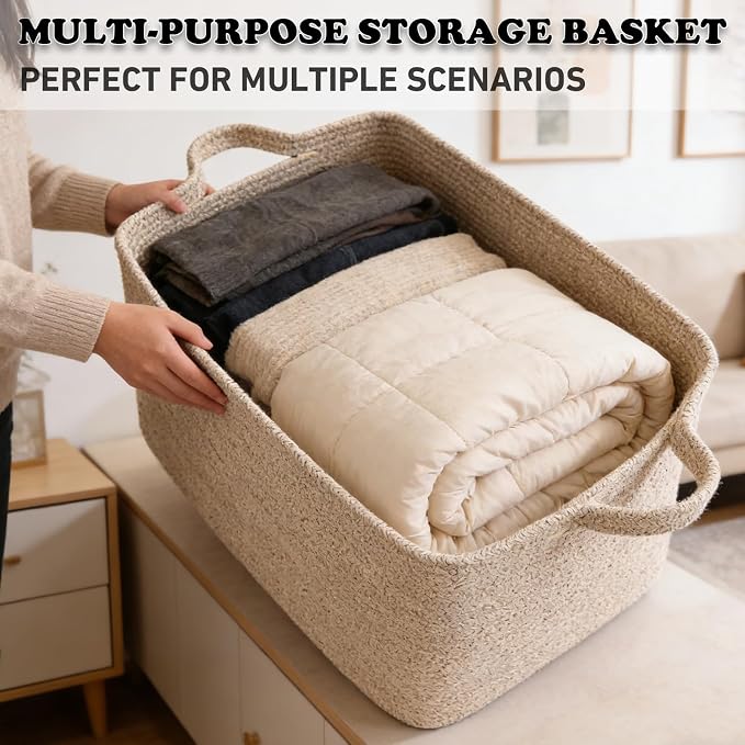 96L Woven Laundry Basket with Handles, Extra Blanket Basket,Brown | 24"×16"×15" Collapsible Cotton Rope Storage Basket for Toys Clothes & Pillows, Nursery, Bathroom, Bedroom, Living Room