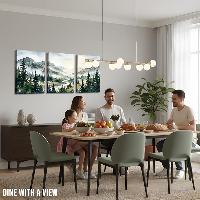 Large Forest Canvas Wall Art for Bedroom Living Room - 3 Piece Greenery Sunrise Mountain Landscape Pictures, Nature Wall Decor for Master Bedroom Office, Abstract Trees Painting Prints, Gallery Wrapped 16x24 Inch